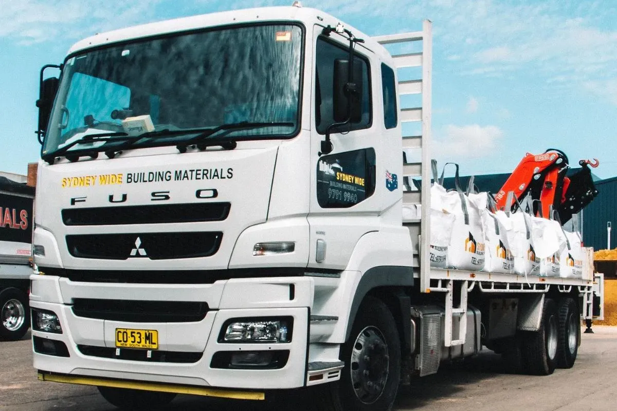 Sydney Wide Building Materials delivery truck loaded and ready to leave the yard