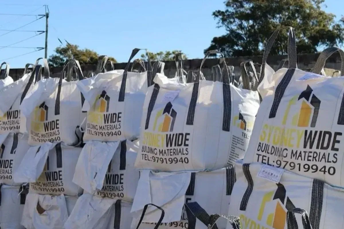 Bulk bags of building materials stacked at the Sydney Wide Building Materials yard